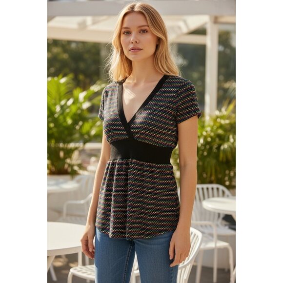 Ultra Flirt Womens Multicolor Striped Knit Top With Black Waistband Medium - Picture 1 of 5